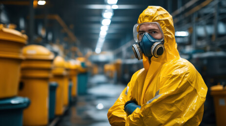 工厂中穿戴防护服的男性危险品处理员