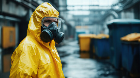 工厂中穿戴防护服的男性危险品处理员