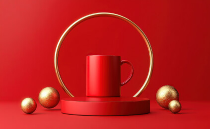 红色背景上的鸡蛋和红色饰品