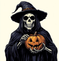 万圣节的死神与南瓜灯美式暗黑风格插画