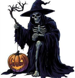 万圣节的死神与南瓜灯美式暗黑风格插画