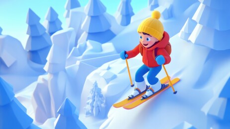 冬季雪地滑雪的小孩卡通插画