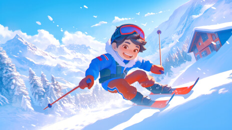冬季雪地滑雪的小孩卡通插画