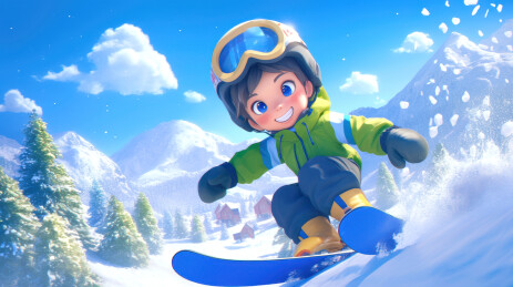冬季雪地滑雪的小孩卡通插画