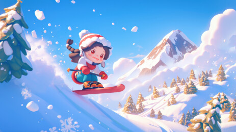 冬季雪地滑雪的小孩卡通插画