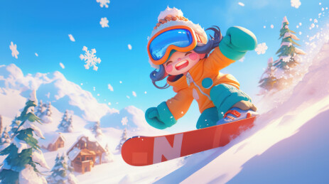 冬季雪地滑雪的小孩卡通插画