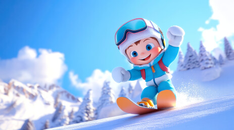 冬季雪地滑雪的小孩卡通插画