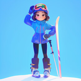 冬季雪地滑雪的男孩女孩3D卡通人物插画