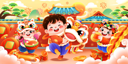 新年春节福娃舞狮贺岁场景插画