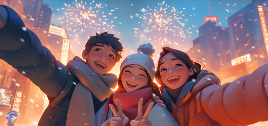 新年元旦春节卡通3D人物学生背景