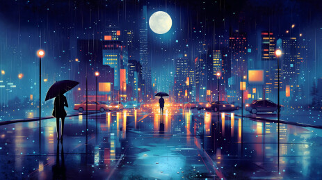雨夜城市中两个打伞的人