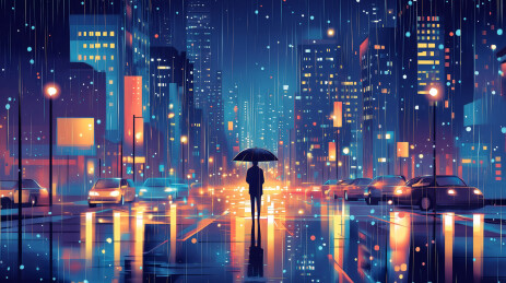 雨夜城市中独自打伞的人