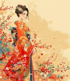 身穿绣有凤凰和花朵图案和服的日本女性
