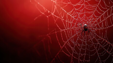 红背景下沾满露珠的蜘蛛网