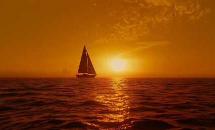 一艘帆船在夕阳下的美丽景象