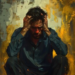 男人坐在墙边双手抱头陷入绝望