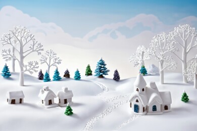 冬季雪景中的彩色松树村庄