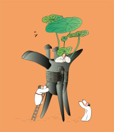 古风夏季荷叶古人生活青铜器爵矢量手绘插画