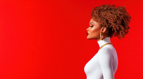 侧脸红背景卷发女