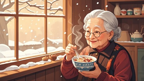 温暖冬日里的老人腊八粥