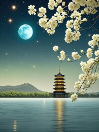 夜空下的东方古塔与樱花