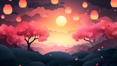 樱花树和天灯风景