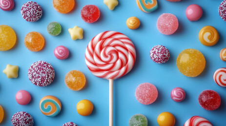 蓝色背景下的彩色糖果和棒棒糖