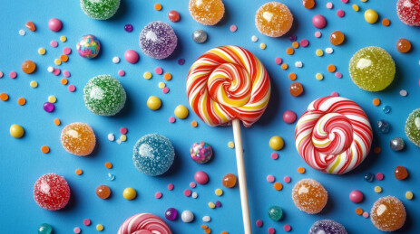 蓝色背景下的彩色糖果和棒棒糖