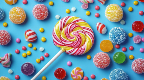 蓝色背景下的彩色糖果和棒棒糖
