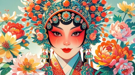 京剧旦角与盛开的鲜花