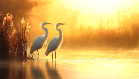 深秋芦苇丛中的白鹭鸟