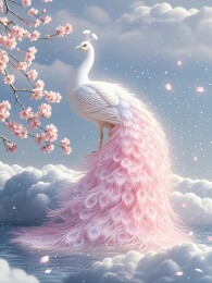 粉色羽毛白孔雀与樱花