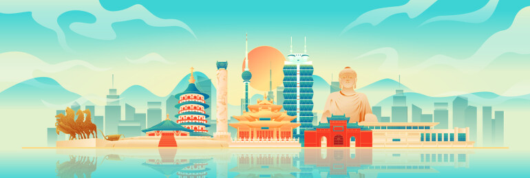 国风洛阳城市地标建筑彩色矢量插画海报
