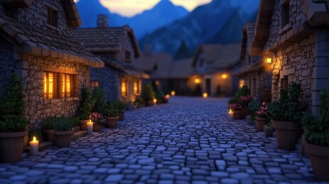 清新复古傍晚山间欧式小镇房屋3D立体插画