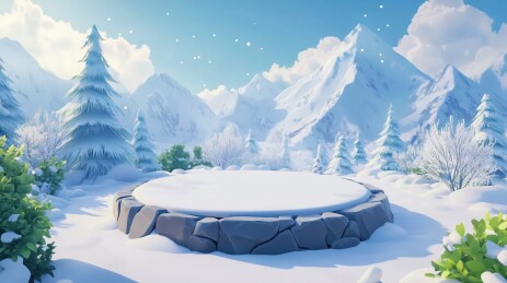 寒冷冬季山间雪地圆型石质展台3D立体插画