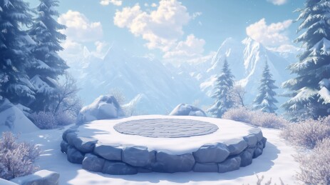寒冷冬季山间雪地圆型石质展台3D立体插画