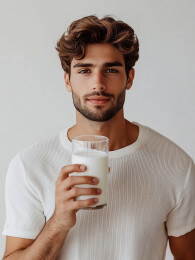 一个男人手里拿着一杯牛奶
