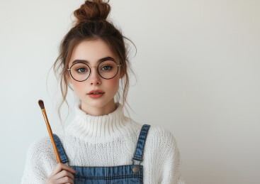 一个手拿画笔的漂亮女生