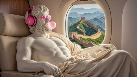 戴耳机吹泡泡的希腊雕像