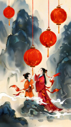 传统中华节日水墨画风格春节插画