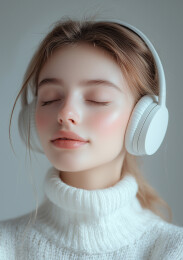 一个美少女带着耳机听音乐