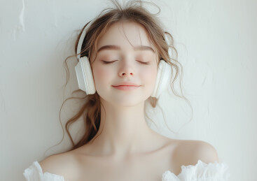 一个美少女带着耳机听音乐
