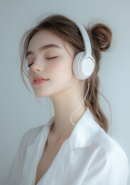 一个美少女带着耳机听音乐