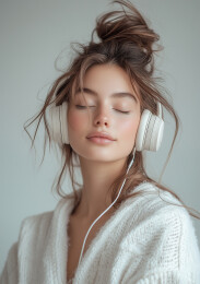 一个美少女带着耳机听音乐