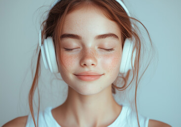 一个美少女带着耳机听音乐