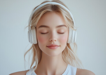 一个美少女带着耳机听音乐