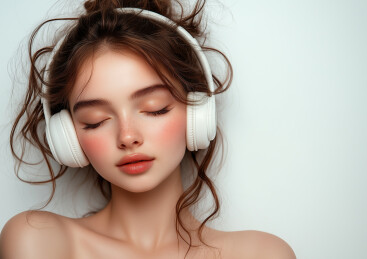 一个美少女带着耳机听音乐