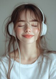 一个美少女带着耳机听音乐