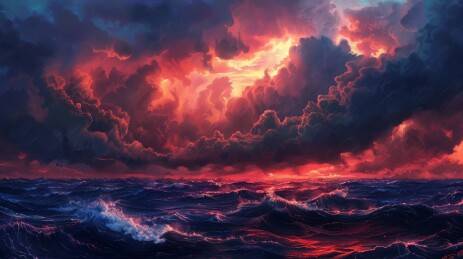 火红晚霞下的波涛海洋