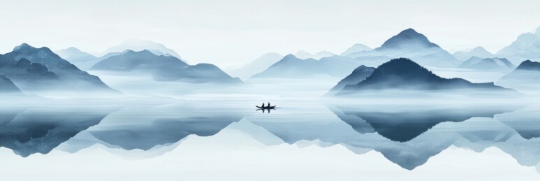 湖面舟影与远山水墨意境